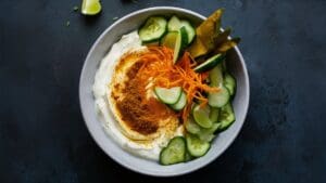 A bowl of creamy white yogurt dip with sliced cucumbers, shredded carrots, a sprinkle of orange spices, and two green leaves, set on a dark surface with a lime wedge nearby.