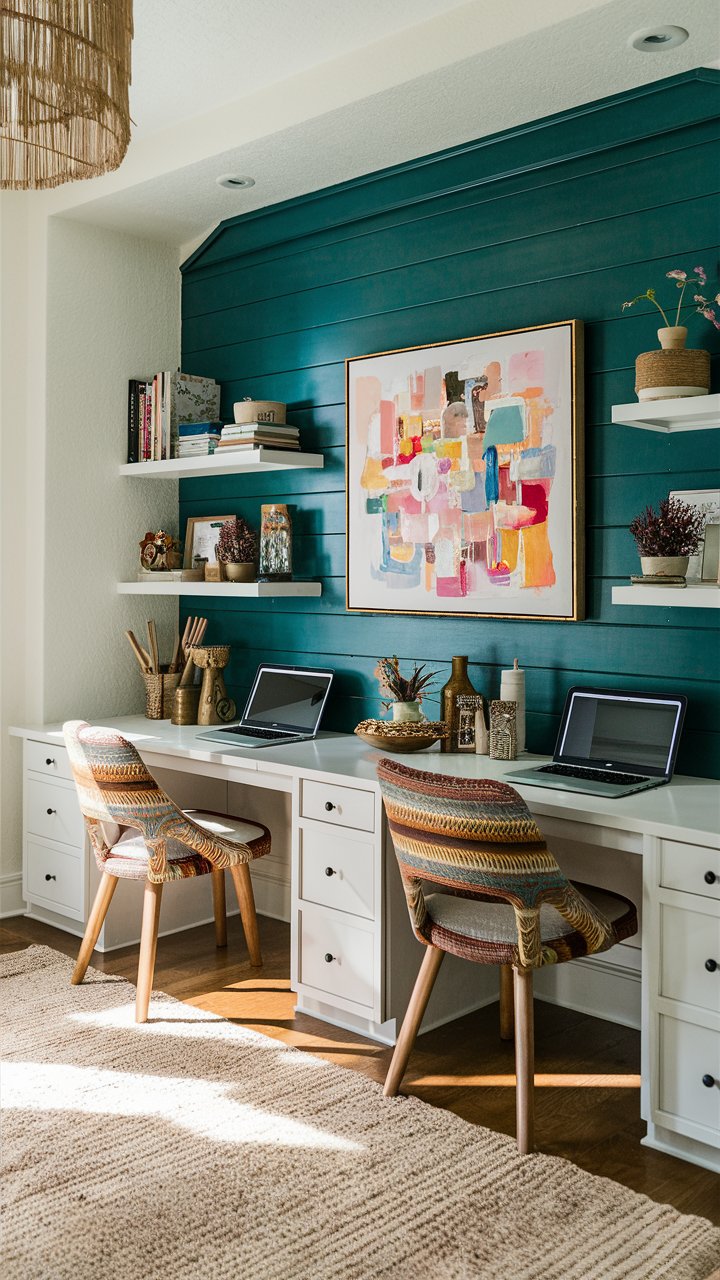 Boho home office for two with a built in desk along the teal accent wall. Two laptops are on the desk as well as several boho accessories. Above the desk you'll find a large abstract painting in a simple vintage frame. Room is bright and cheerful.
