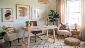 A stylish boho office featuring a wooden desk, brown leather chair, two armchairs with pillows, a tall plant, abstract wall art, woven decor, and natural light streaming through a window with beige curtains.