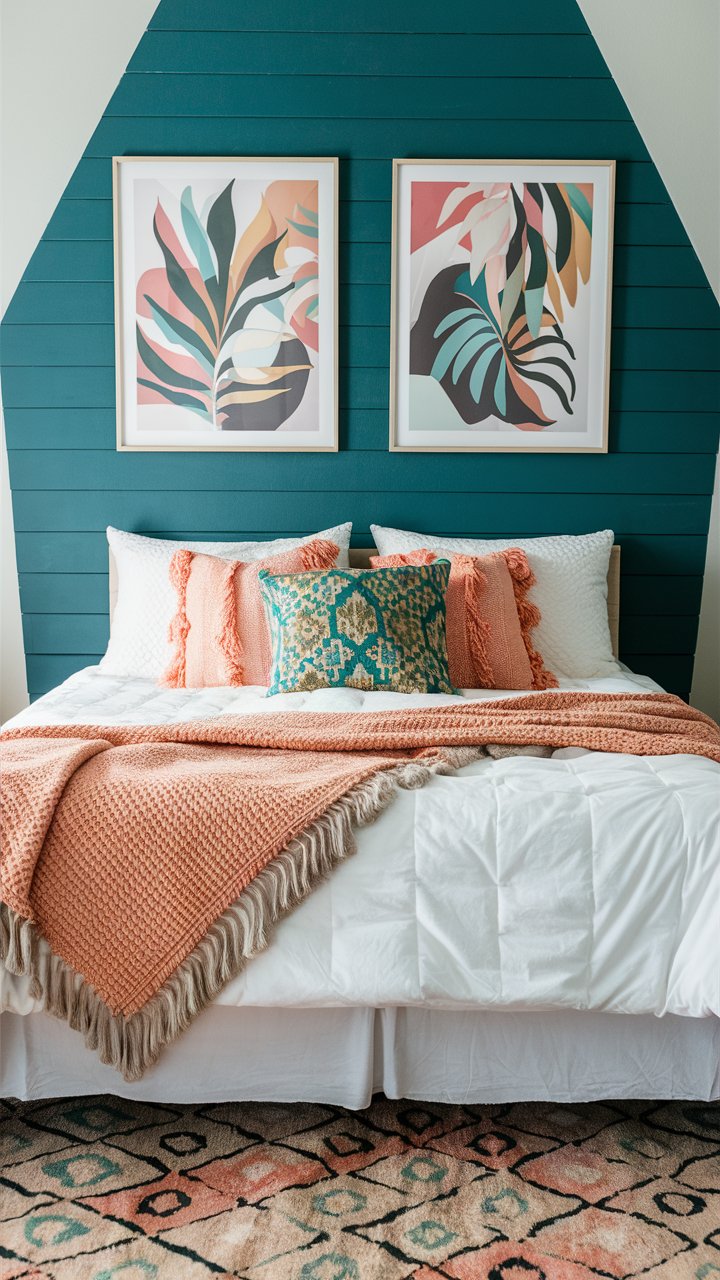 A bedroom with a teal accent wall behind the bed, paired with comfy white bedding. Two vibrant abstract botanical framed art hangs above the bed and decorative salmon-pink, gold and teal throw pillows and a geometric area rug tie the room together.  The overall feel of this room is comfortable, hippie boho and ideal for a teenager.