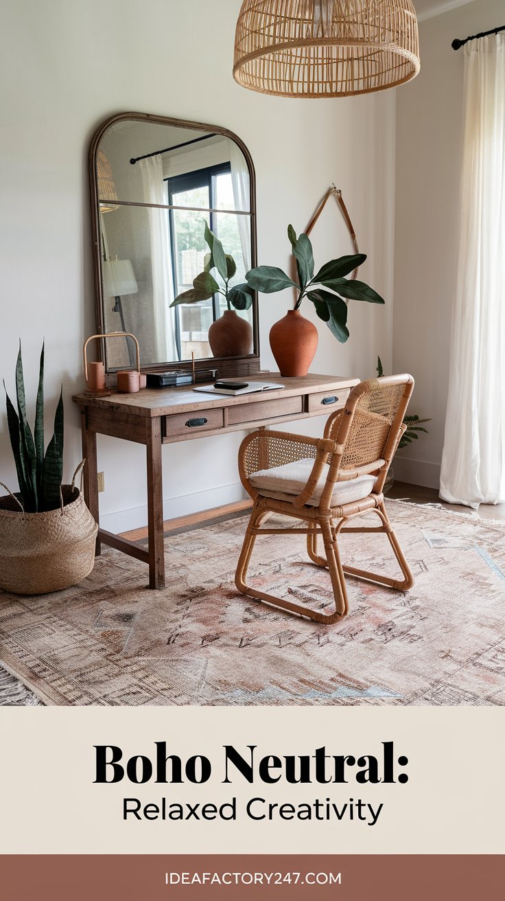 Neutral tones pair beautifully with bohemian accents, creating a laid-back, creative workspace. Macramé décor, woven furniture, and earthy tones make this design feel relaxed yet inspiring.