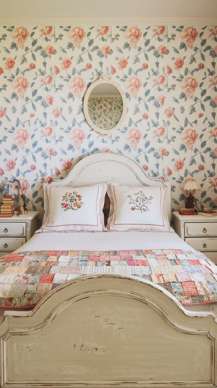 A bedroom with a distressed white bed frame and matching nightstands. The walls are adorned with vintage floral wallpaper, and the bed is layered with a patchwork quilt and embroidered pillowcases. Above the bed you'll find a medium-sized decorative mirror. A small antique lamp and a stack of classic novels sit on the nightstand. Overall feeling is bright, cheerful and comfy.

If you love floral wallpaper, vintage mirrors and antique bedroom furniture, this Cottage style bedroom is for you!  #cottagecore