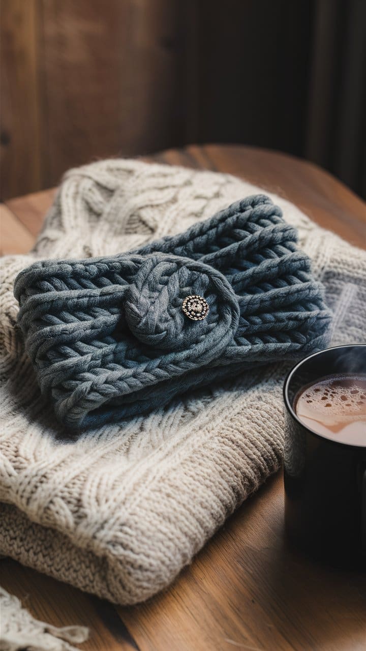 A chunky gray knitted ear warmer headband with a decorative button, resting on a folded cable-knit sweater with a steaming mug of cocoa nearby.

This is such an easy thing to make and sell!  Very popular at artist markets and local craft fairs.  If you are looking for a fun craft project this winter, these DIY knit ear warmers are ideal!