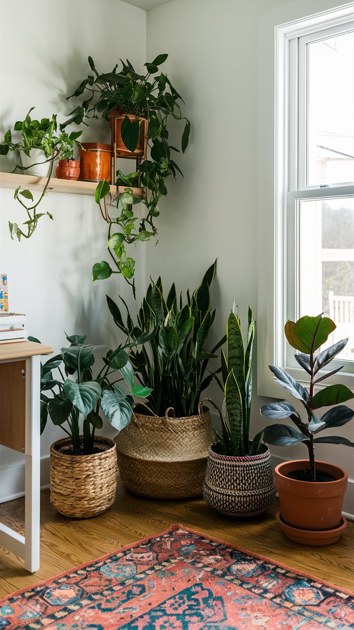 A corner of the office is brought to life with a mix of potted plants, including a trailing pothos, a snake plant, and a small fiddle leaf fig. The plants sit in woven baskets and terra cotta pots, adding natural beauty and fresh energy to the room.