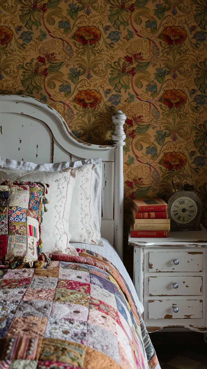 A bedroom with a distressed white bed frame and matching nightstands. The walls are adorned with vintage floral wallpaper, and the bed is layered with a patchwork quilt and embroidered pillowcases. A small antique clock and a stack of classic novels sit on the nightstand.