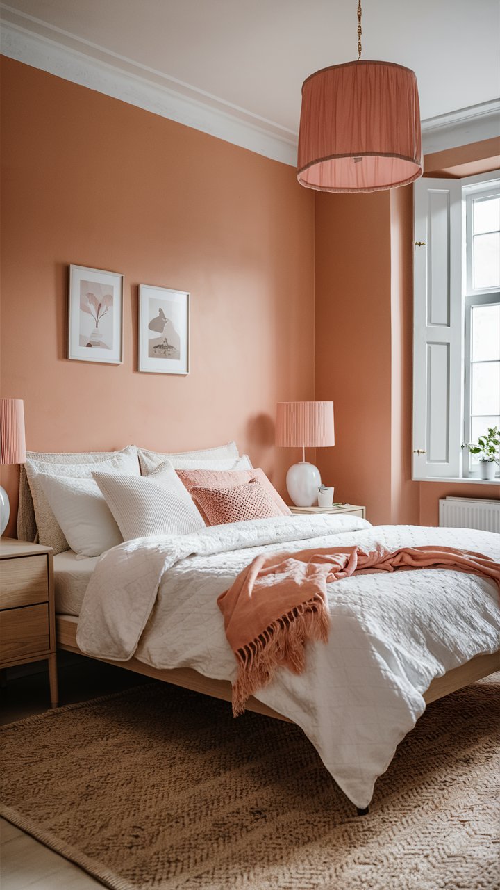  A dreamy apricot-toned bedroom with a soft, understated look. Muted apricot walls set the tone, while white bedding and light wood furniture keep the space bright. Apricot accents like lampshades and throw blankets tie the palette together seamlessly.