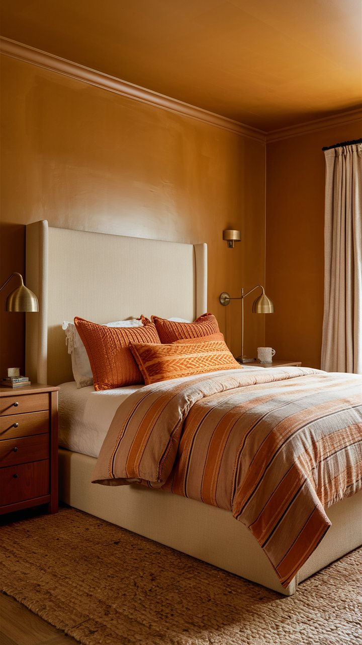 A golden amber bedroom that radiates warmth and elegance. The walls are painted in a rich amber shade, complemented by warm wood furniture. A patterned duvet with orange and gold tones adds texture, and oversized orange floor cushions provide extra seating. Subtle lighting from amber-toned lamps completes the cozy look.

Orange bedroom ideas, orange wall paint, amber orange decor