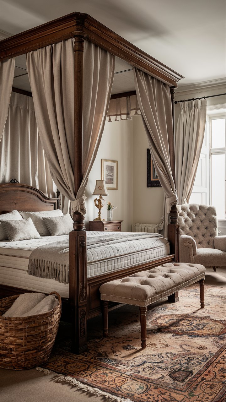 A spacious bedroom with a wooden canopy bed draped in light linen curtains. A vintage bench sits at the foot of the bed, and the walls feature a soft taupe paint. A large woven basket holds extra blankets, while a tufted armchair adds a touch of refinement.