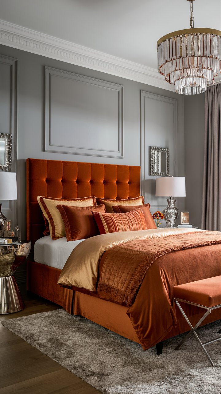 A luxurious burnt orange velvet headboard becomes the centerpiece of a sophisticated bedroom. Muted gray walls provide the perfect backdrop, while bedding in layers of gold and deep orange adds warmth. Metallic side tables and a statement chandelier bring an air of glamor, and a plush area rug ties the look together.

Burnt Orange Bedroom, bedroom ideas using burnt orange, Burnt Orange Bedroom Walls,
Bedroom Ideas Burnt Orange, burnt orange bedroom quilt, Moody Burnt Orange Bedroom