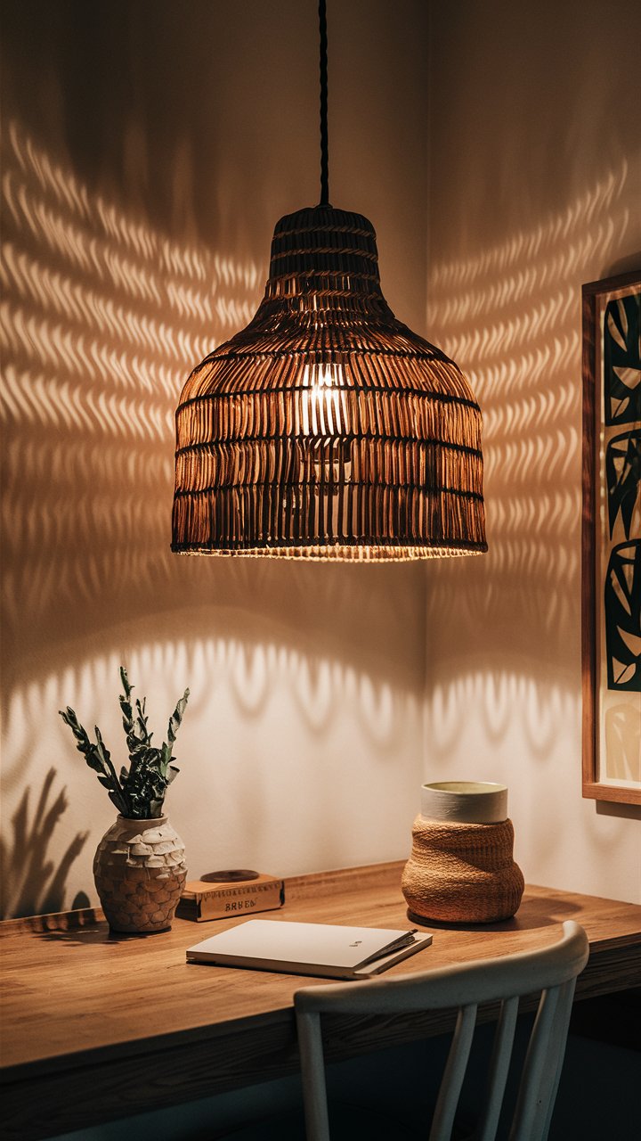 A pendant light made from woven rattan hangs above the desk, casting a warm glow and creating intricate shadow patterns on the walls. Its natural texture ties in beautifully with the rest of the boho décor.