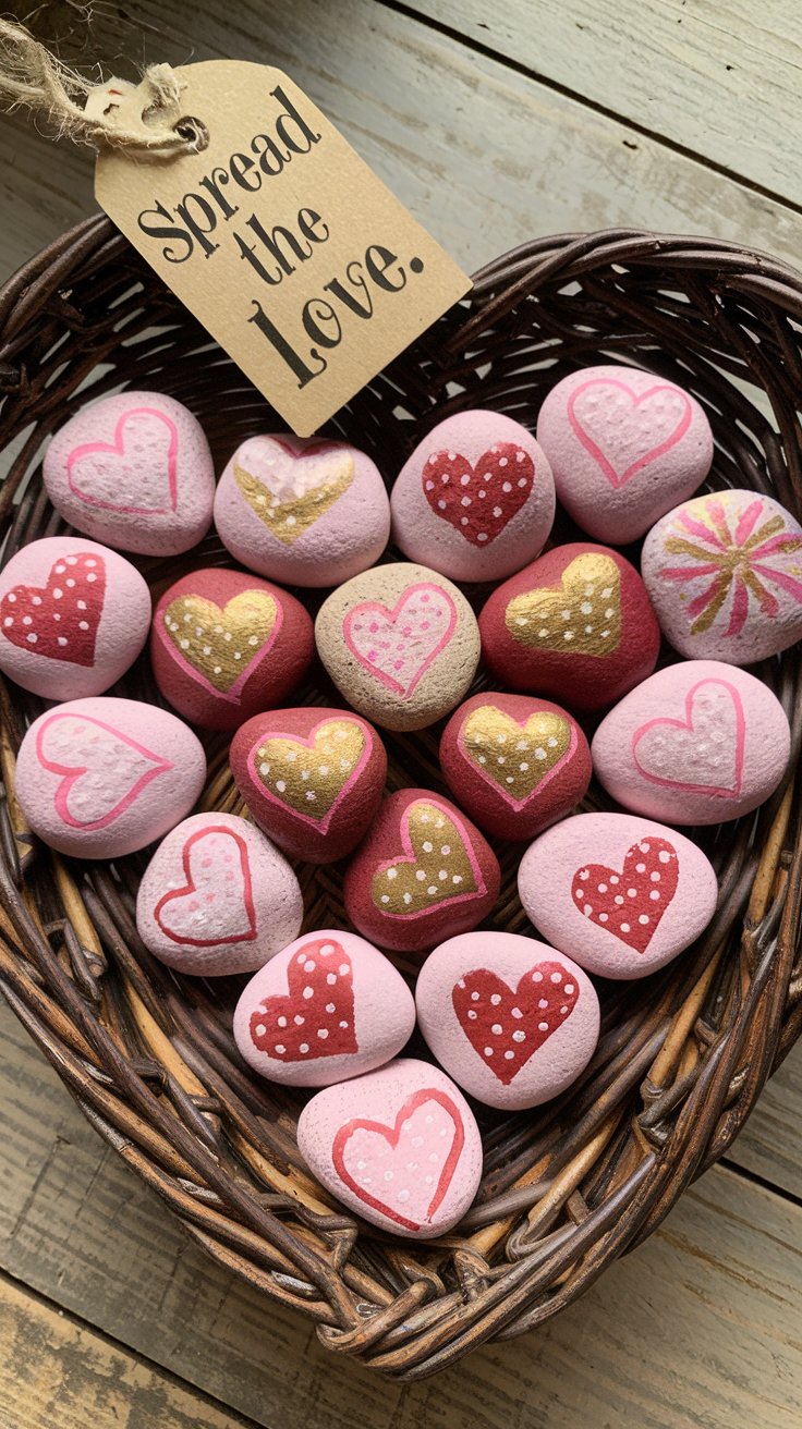 Smooth stones painted with cheerful heart designs in pink, red, and gold, arranged in a basket with a tag that says, “Spread the Love.”

Why They Sell:
Painted rocks are simple yet charming gifts that can be used as décor, paperweights, or keepsakes. They’re fun for kids to make and easy to sell.