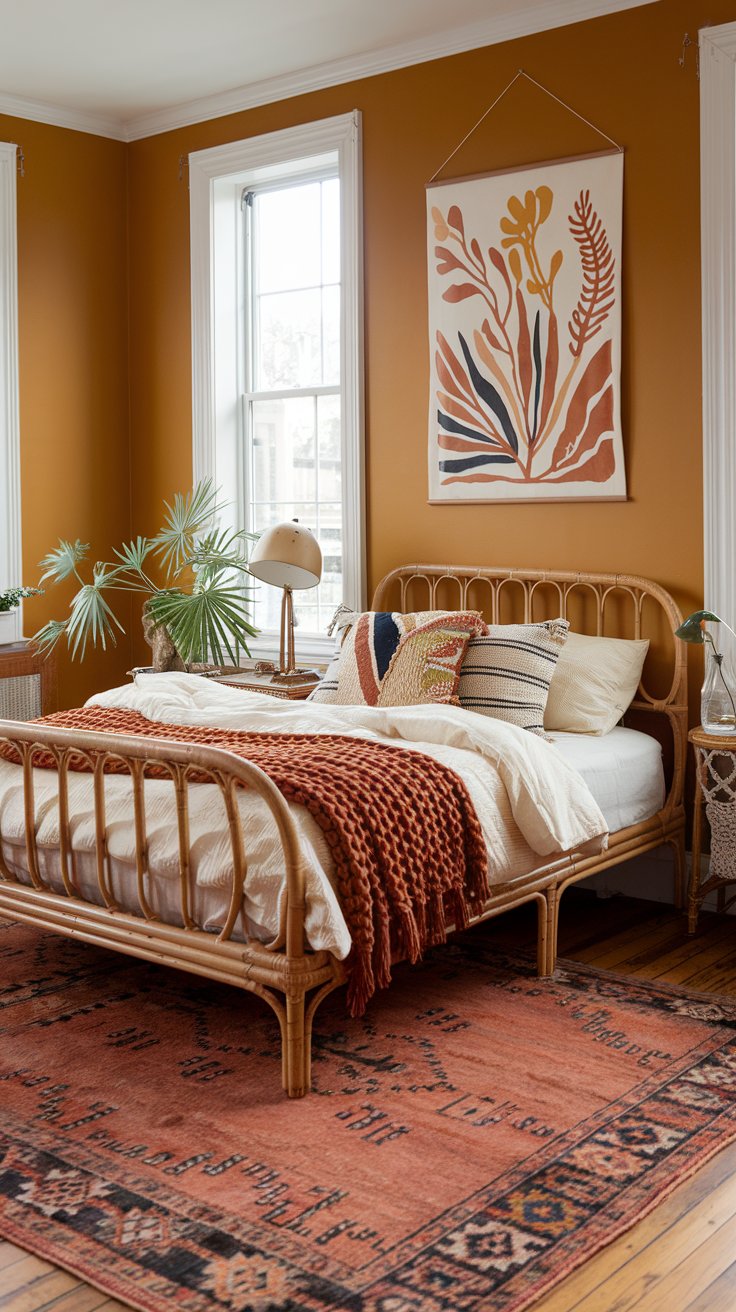 This inviting bedroom is more of an orange-yellow with accents of rust and other earthy colors.  The rattan bed, vintage rug and abstract botanical art give it a modern boho / hippie feel. 