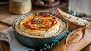 A rustic bowl of creamy Gruyere Cheese Dip topped with caramelized onions and herbs, served with slices of baguette on the side. The scene has a cozy, homemade feel.