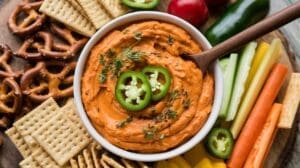 A bowl of creamy Hot Pepper Cheese Dip, topped with jalapeño slices and herbs, is surrounded by crackers, pretzels, and fresh vegetable sticks on a wooden platter.