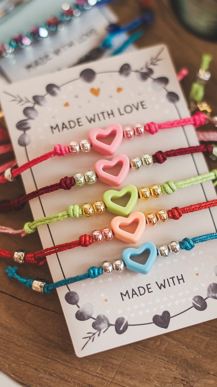 A collection of colorful friendship bracelets featuring heart-shaped beads and sparkly threads, displayed on a decorative card that reads, “Made with Love.”