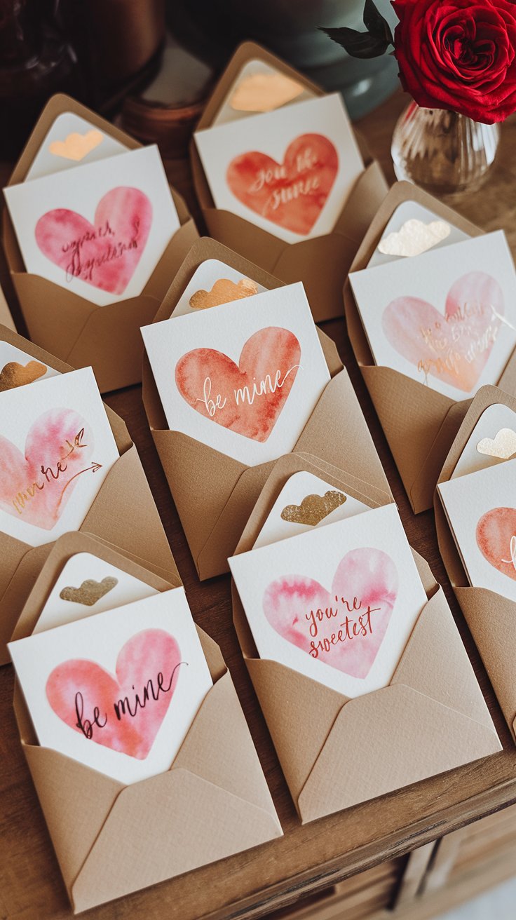 A collection of Valentine’s Day cards featuring watercolor hearts, gold-foil accents, and handwritten messages like “Be Mine” or “You’re the Sweetest.” Each card is paired with a matching envelope.

Why They Sell:
Handmade cards feel more special than store-bought options, making them popular for those wanting to send heartfelt messages.