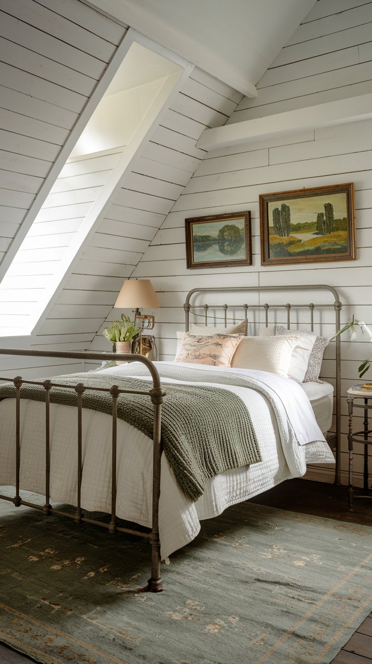 A cozy bedroom in an old attic space with white shiplap walls and an antique iron bed with white comforter, a dark sage green knit throw and some throw pillows.  Above the bed is a few of framed vintage looking landscape paintings. Vintage style rug in shades of sage green on the floor and light pouring inside from the attic window.