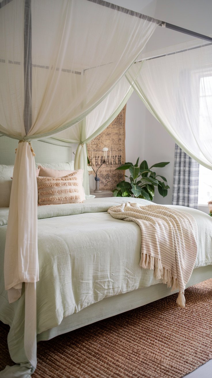 A cozy bedroom with a white canopy bed draped in flowing sage green fabric. The bed is layered with soft cream bedding, and a potted plant sits nearby, adding a fresh touch. A woven jute rug grounds the room, while soft lighting enhances the inviting atmosphere.