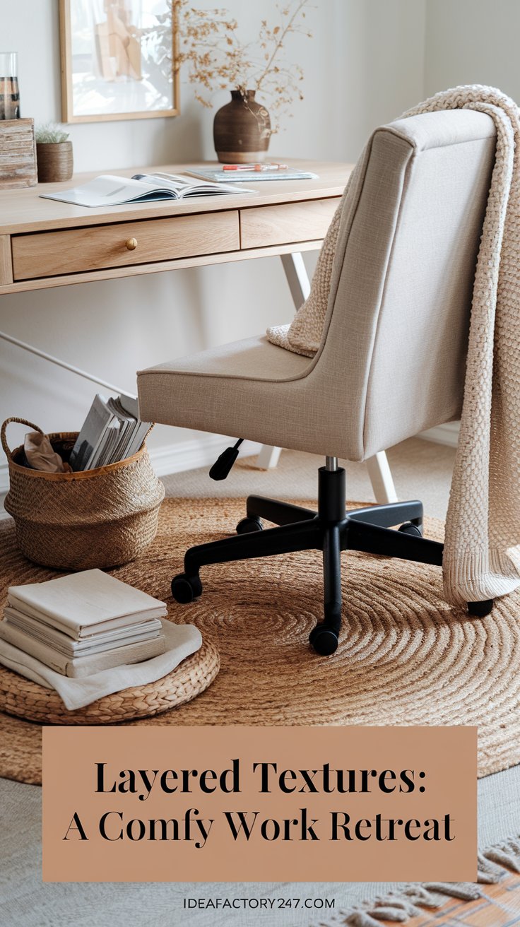 A neutral home office comes alive with layers of textures. Think soft throws, natural fiber rugs, and woven baskets that add warmth and dimension to a calming color scheme.