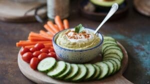 A bowl of dip topped with sour cream and herbs is surrounded by sliced cucumbers, cherry tomatoes, and carrot sticks on a wooden serving board. A spoon is placed in the bowl.