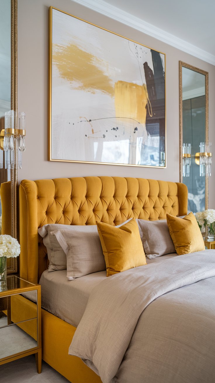 A golden yellow palette paired with glamorous accents like gold fixtures, velvet textures, and bold artwork creates a luxurious bedroom with a touch of drama.