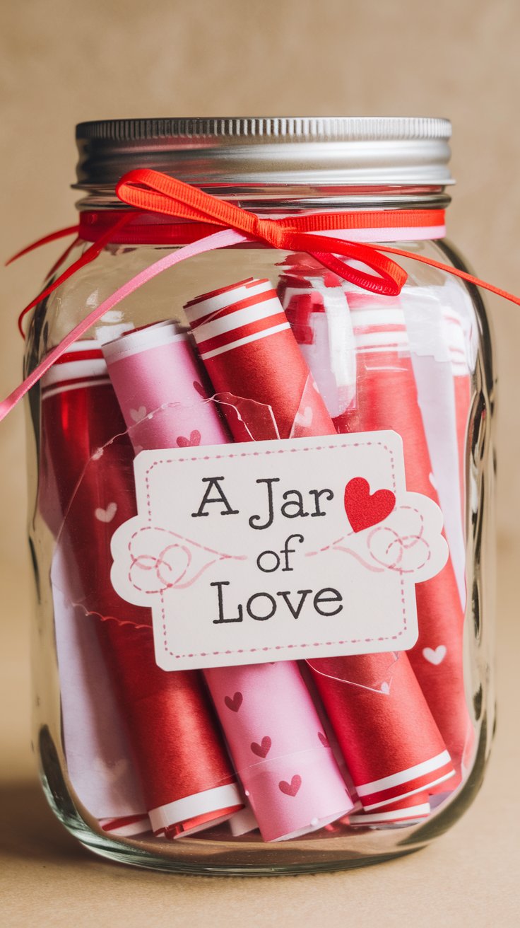 A glass jar filled with rolled-up love notes tied with red and pink ribbons. The jar features a custom label reading, “A Jar of Love,” with the option to add a recipient’s name.

Why They Sell:
Personalized gifts feel more special and meaningful, making these jars a go-to choice for Valentine’s Day shoppers.