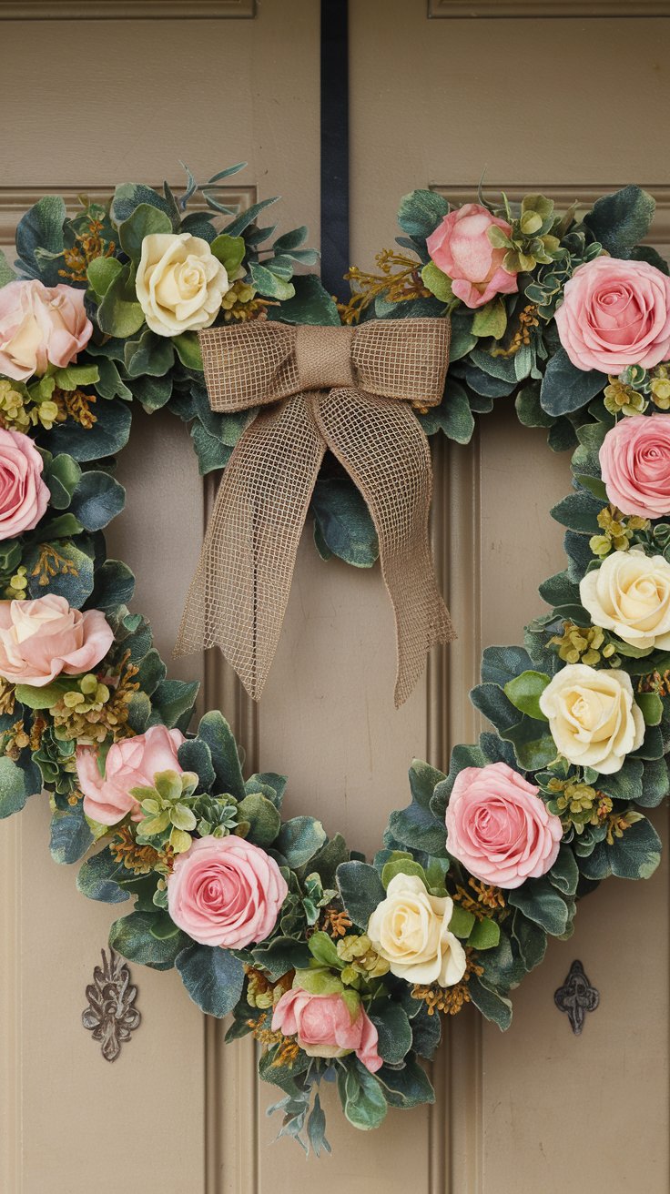 A heart-shaped wreath made with artificial roses, greenery, and a burlap bow. The wreath is designed to hang on doors or walls for festive décor.

Why They Sell:
Wreaths are classic decorations that people love to use year after year. The Valentine’s theme adds seasonal charm.