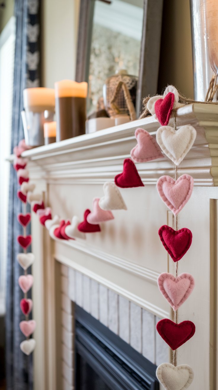 A cheerful garland made of felt hearts in shades of red, pink, and white. The hearts are strung on a jute twine and draped across a mantel, adding festive flair to the room.

Why They Sell:
Garlands are versatile decorations for homes, offices, or parties, and they’re lightweight and easy to ship, making them perfect for online sales.