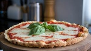 A freshly baked Easy Cauliflower Crust Margherita Pizza, topped with melted mozzarella cheese, tomato sauce, and fresh basil leaves, sits on a wooden board in a cozy kitchen setting.