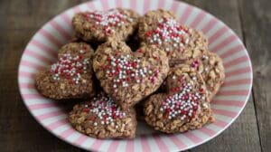 A plate with pink and white stripes holds several heart-shaped, no bake Valentines Day cookies covered in oats and topped with red, white, and pink sprinkles. The plate is placed on a wooden surface.