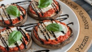 Four Portobello Mushroom Cap Pizzas topped with tomato sauce, mozzarella cheese, fresh basil leaves, sesame seeds, and a drizzle of balsamic glaze are artfully arranged on a plate labeled Portobello Mushroom Pizza.