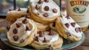 A plate of Bailey's Irish Cream Cookies, frosted and topped with chocolate chips, sits on a wooden table, with a bottle of Bailey’s Irish Cream in the background.