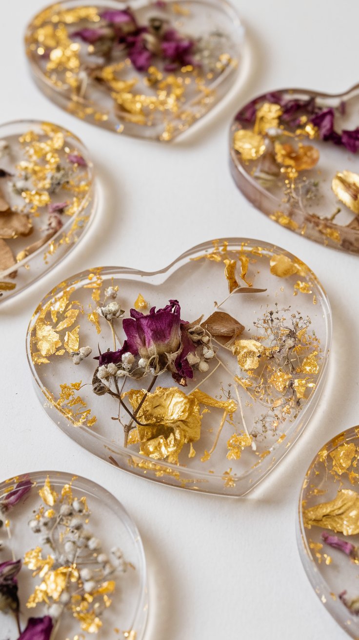 A set of heart-shaped resin coasters embedded with gold flakes and dried flowers. The coasters shimmer in the light, adding a touch of elegance to any table.

Why They Sell:
Resin crafts are trendy, and coasters are both decorative and functional, making them a great gift for Valentine’s Day.