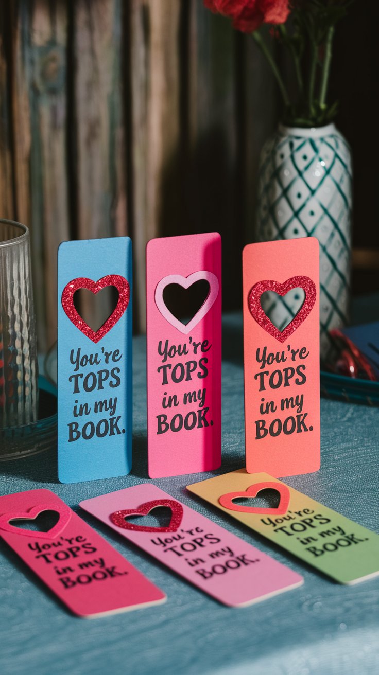 Brightly colored bookmarks made from cardstock, each featuring heart-shaped cutouts, glitter accents, and playful love-themed quotes like, “You’re Tops in My Book.”

Why They Sell:
Bookmarks are practical, inexpensive, and make great small gifts for classmates, teachers, or book-loving friends.