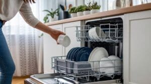Woman adding her own DIY dishwasher detergent to her machine.