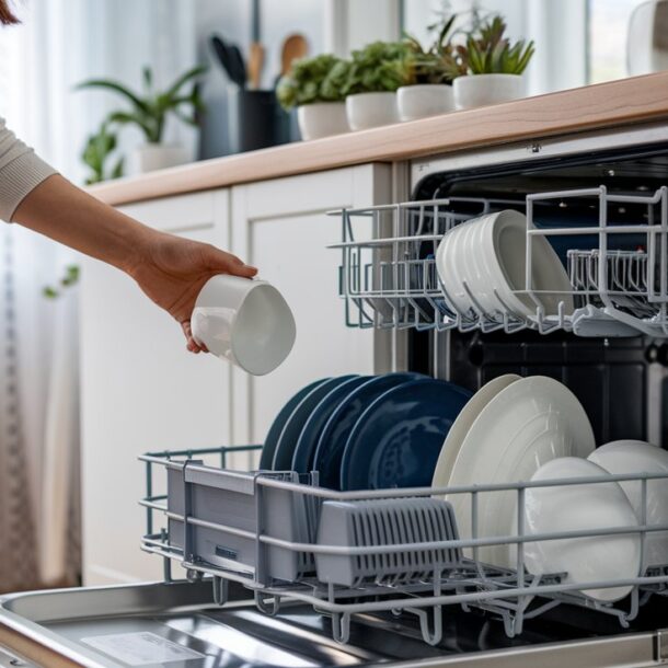 Woman adding her own DIY dishwasher detergent to her machine.