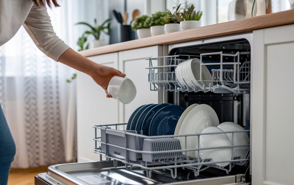 Woman adding her own DIY dishwasher detergent to her machine.