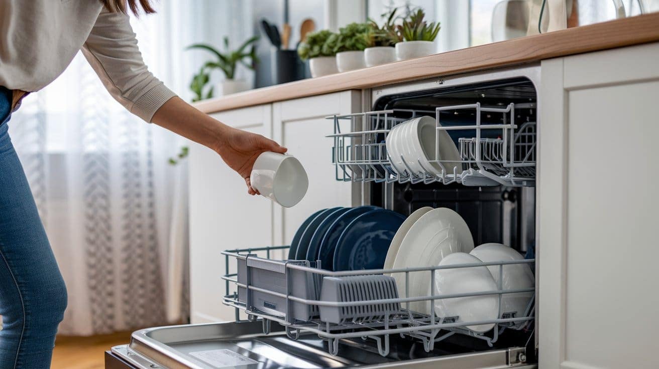 Woman adding her own DIY dishwasher detergent to her machine.