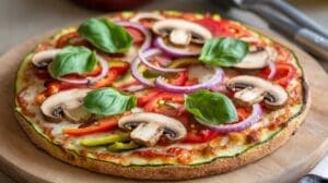 A freshly baked Zucchini Crust Veggie Pizza topped with sliced mushrooms, red onions, red and yellow bell peppers, tomato slices, and fresh basil leaves on a wooden cutting board.