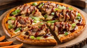 A Sweet Potato Crust BBQ Chicken Pizza recipe topped with sliced grilled chicken, chopped green onions, melted cheese, and a drizzle of barbecue sauce, all served on a wooden board.