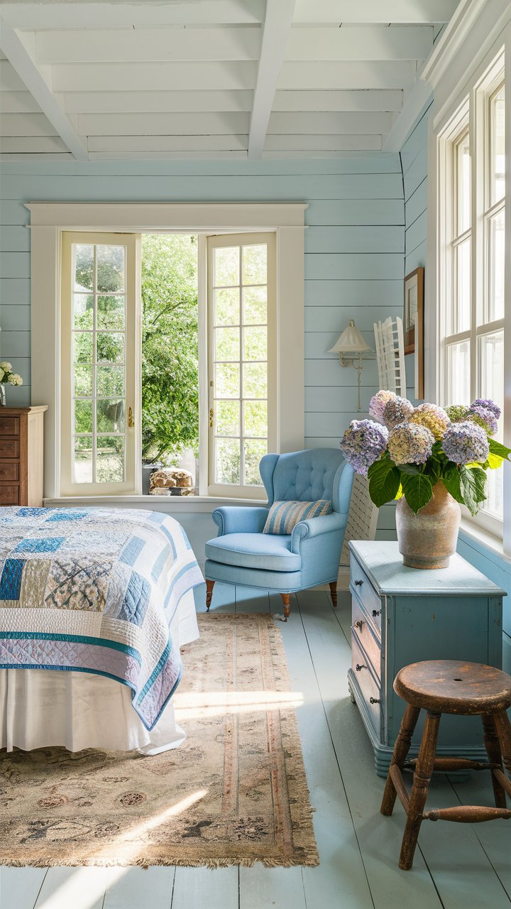 A cottagecore bedroom with walls painted in a pale blue hue, paired with white shiplap accents. The bed features a vintage quilt in blue and white patterns, and a soft blue armchair sits by the window. A vase of fresh hydrangeas adds a burst of natural beauty.

Blue cottagecore bedrooms, shiplap walls, vintage blue rooms, cottage style decor for the master bedroom, main bedroom