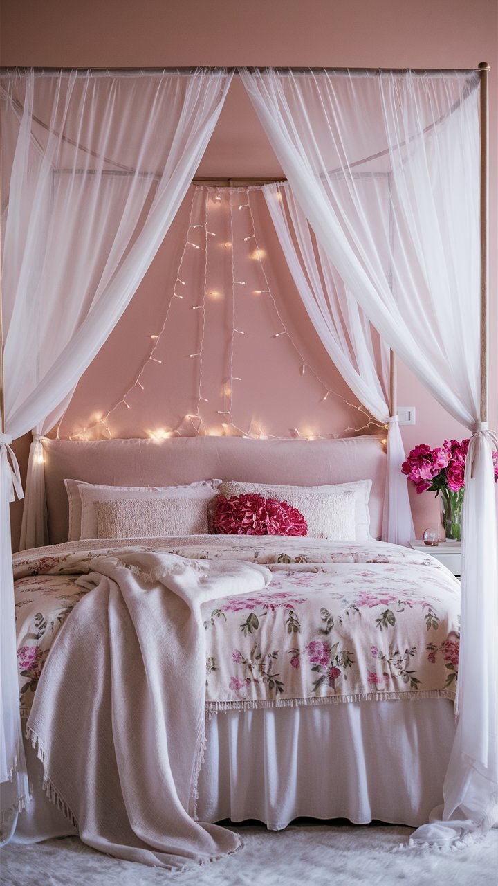 A bedroom with a canopy bed draped in sheer white fabric and a delicate floral bedspread. The walls are painted a soft blush pink, and delicate string lights hang above the headboard. A vase of fresh vibrant pink flowers sits on the nightstand for a finishing touch.