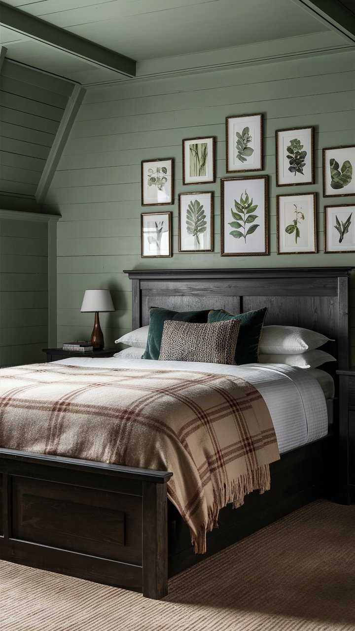 A bedroom with dark wooden furniture and accents of deep green and brown. The walls are painted in a soft sage color, and a plaid blanket adds a cozy, rustic touch to the bed. A collection of framed botanical prints hangs above the headboard.