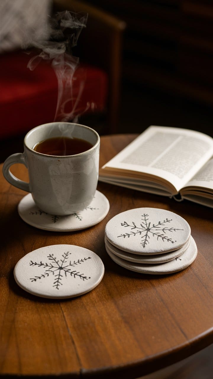 Looking for a super easy craft to make and sell this winter? 
Don't miss these handpainted ceramic coasters on a rustic wood table with mug of tea.