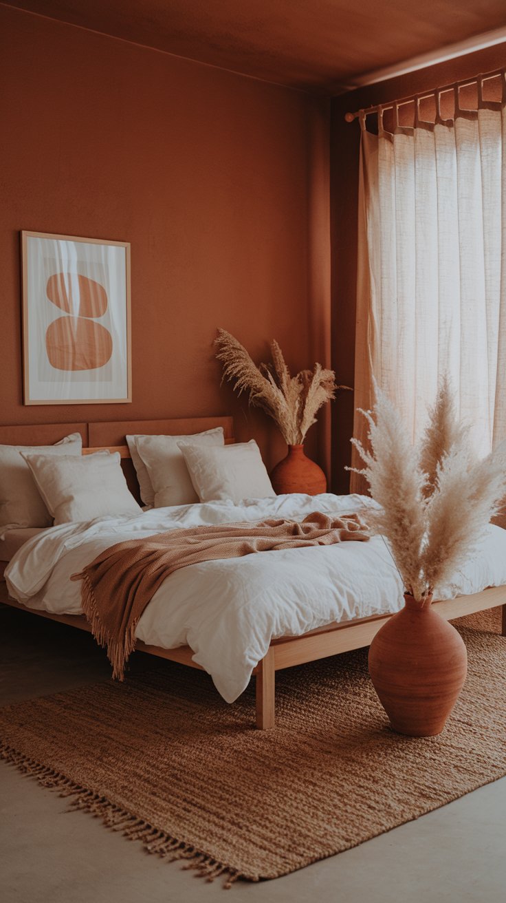 A soothing terracotta-painted bedroom with warm undertones, complemented by crisp white bedding. The room features a natural jute rug, a wooden bed frame, and clay pots with dried pampas grass. Simple linen curtains in beige softly diffuse the light, creating a rustic yet modern vibe.

Terracotta Bedroom, orange bedroom aesthetic, Terracotta Walls, orange bedroom design, dark orange bedroom walls, terracotta and gold bedroom, Navy Blue And Terracotta Bedroom, Terracotta Room Aesthetic