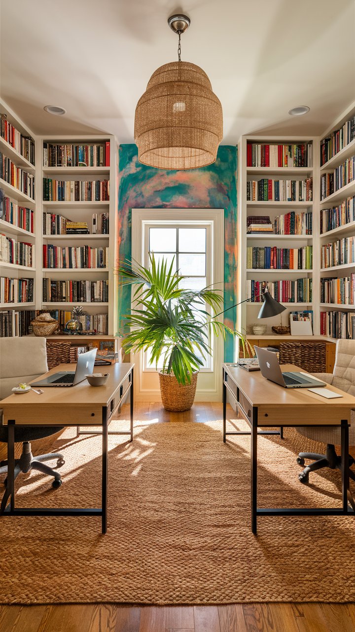 Office for two with floor to ceiling bookcases and a modern boho feel.  See more of our boho office decor ideas, including tiny offices, offices for two, boho accessories and more.