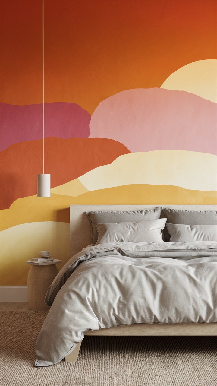  stunning sunset-inspired bedroom with a gradient wall blending orange, pink, and yellow tones. Neutral bedding and a light wood bed frame keep the focus on the gradient. A single pendant lamp provides understated lighting for a clean, modern finish.

Orange and yellow bedroom, bright orange walls, orange accent wall, kids room ideas, orange and pink bedroom