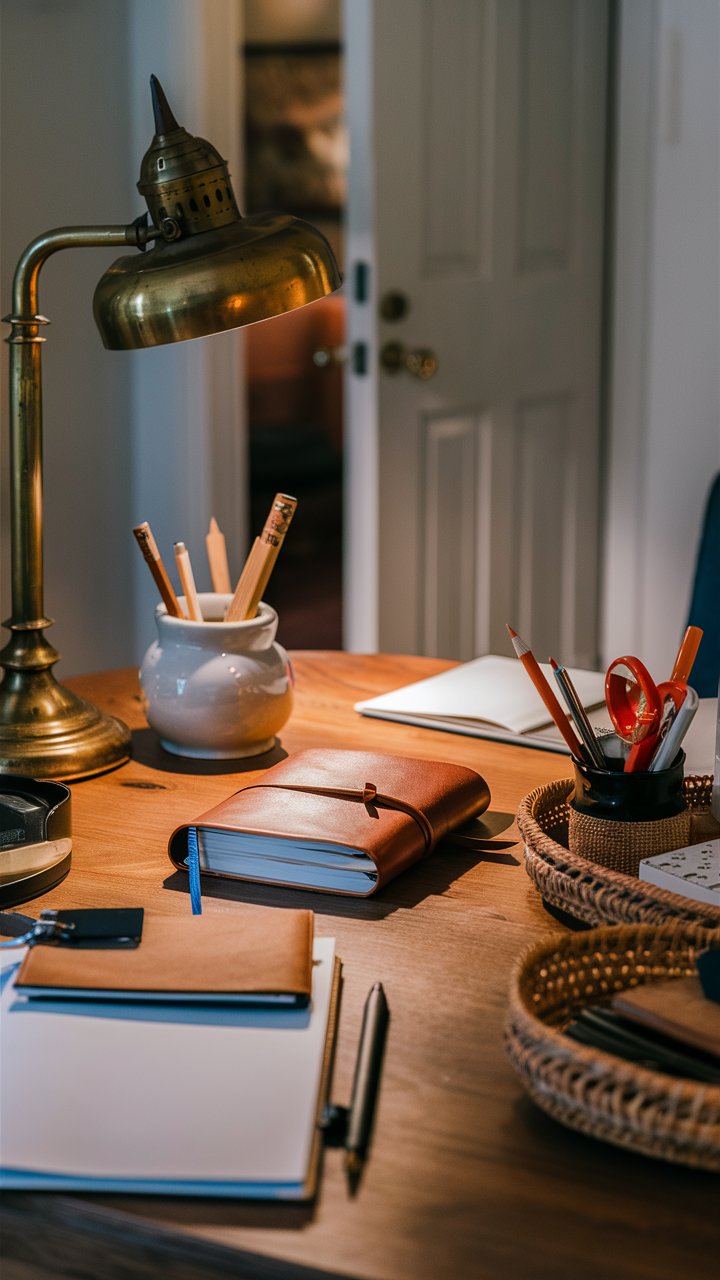 A wooden desk is styled with boho-inspired accessories: a leather journal, a ceramic pencil holder, and a woven tray holding office essentials. A small brass lamp adds a touch of vintage charm to the workspace.

Bohemian office accessories, vintage boho decor, thrift store decor