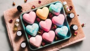 A tray of colorful, heart-shaped bath bombs—perfect as a DIY Valentines Day gift—sits on a pink towel, surrounded by small bottles of oil and dried rose petals. The bath bombs in pink, blue, and yellow are arranged neatly in the tray.