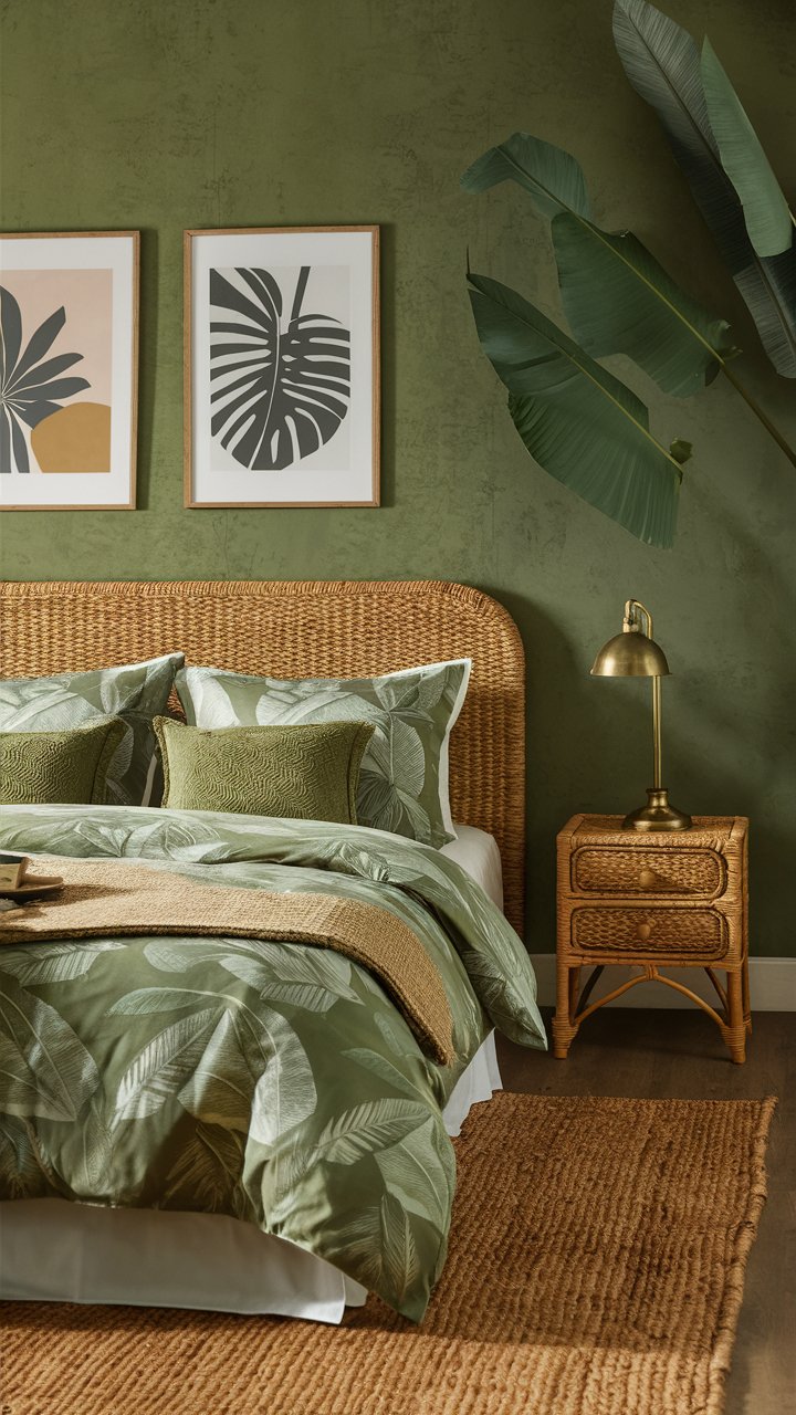 A tropical-inspired bedroom with a green feature wall and subtle leaf-patterned bedding with throw pillows in shades of earthy green. A woven headboard and natural fiber rug bring texture, while framed abstract palm prints hang above the bed. On the rattan nightstand you will find a simple vintage style lamp with a brass base.